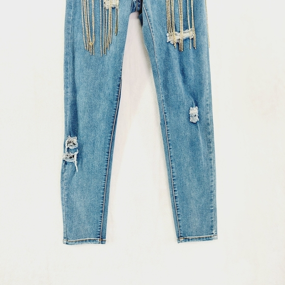 New Hot & Delicious Denim Rhinestone Fringed Skinny Jeans P6577 - Picture 4 of 10